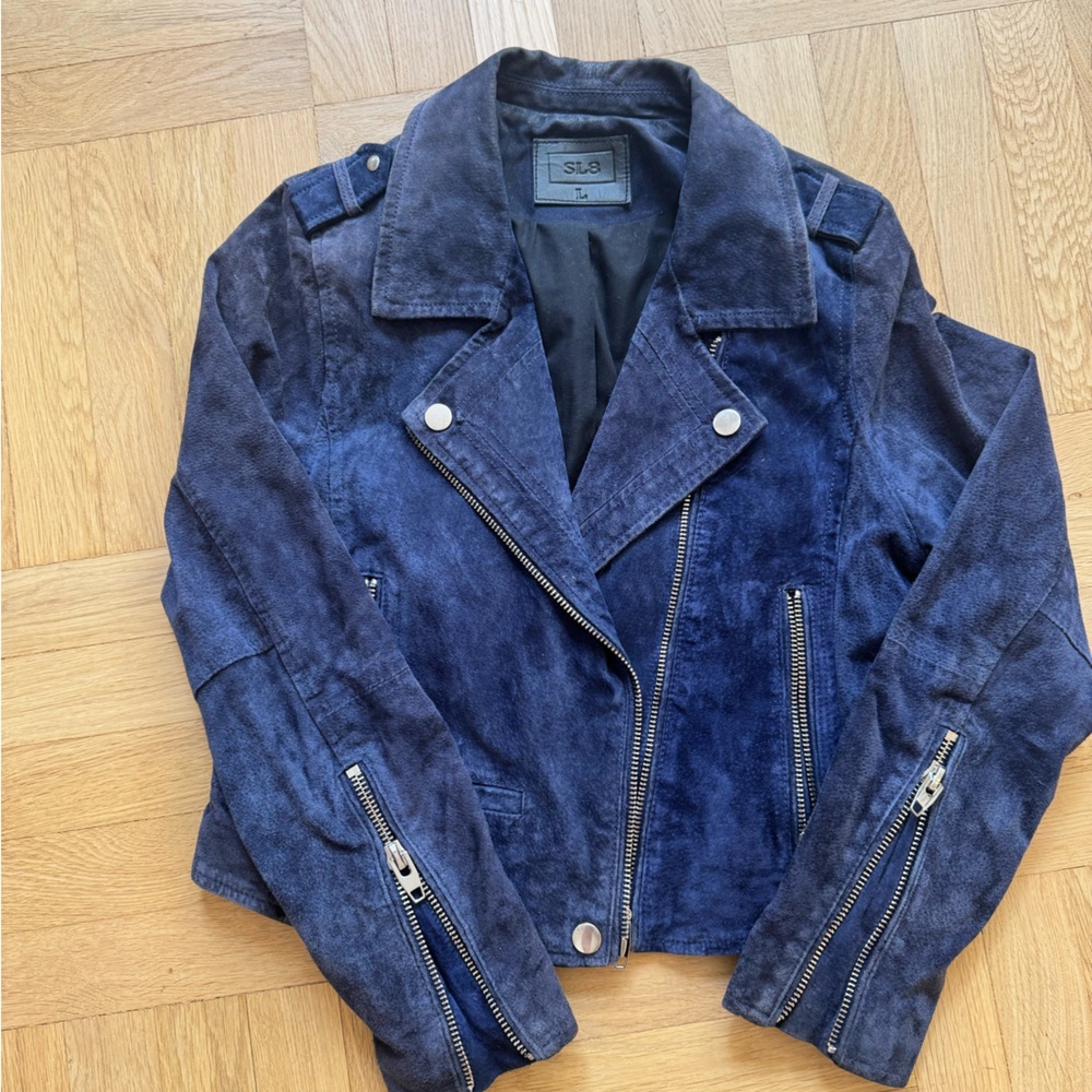 Navy Blue Leather Moto Jacket